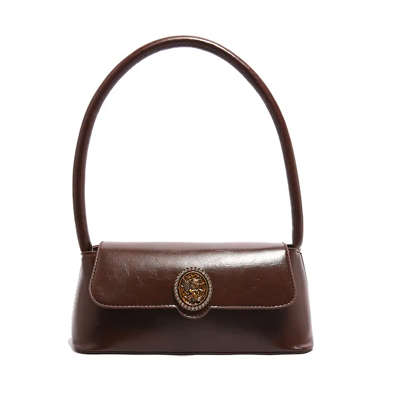 Women's Elegant Brown Leather Shoulder Bag with Crystal Clasp