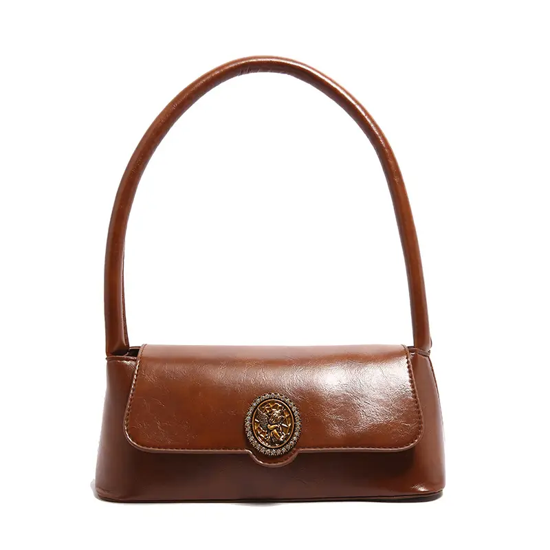 Women's Elegant Brown Leather Shoulder Bag with Crystal Clasp