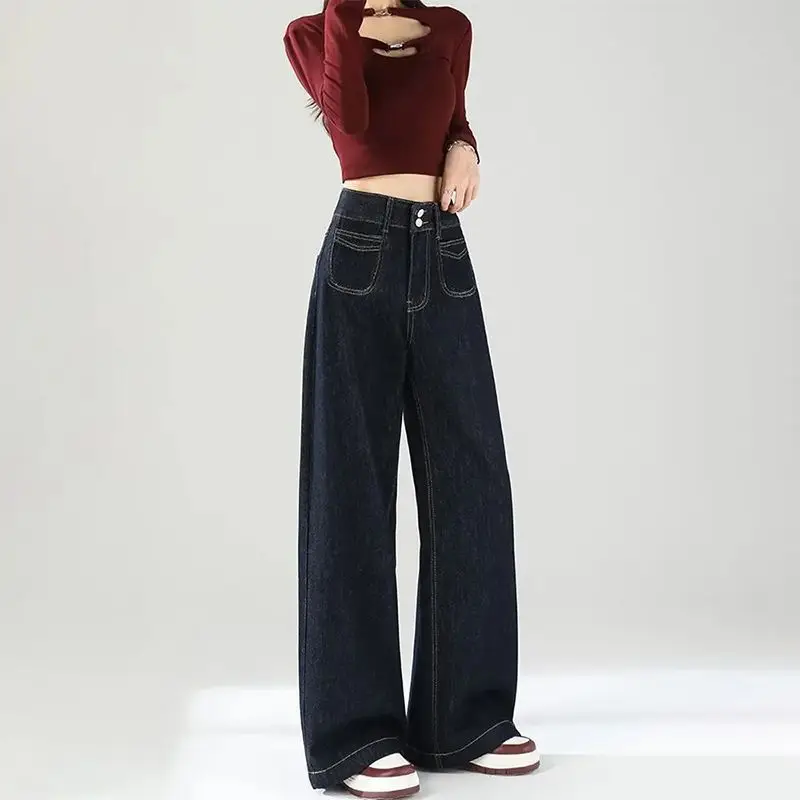 Dark Blue Wide Leg Jeans Women Slimming All-Match - Image 3