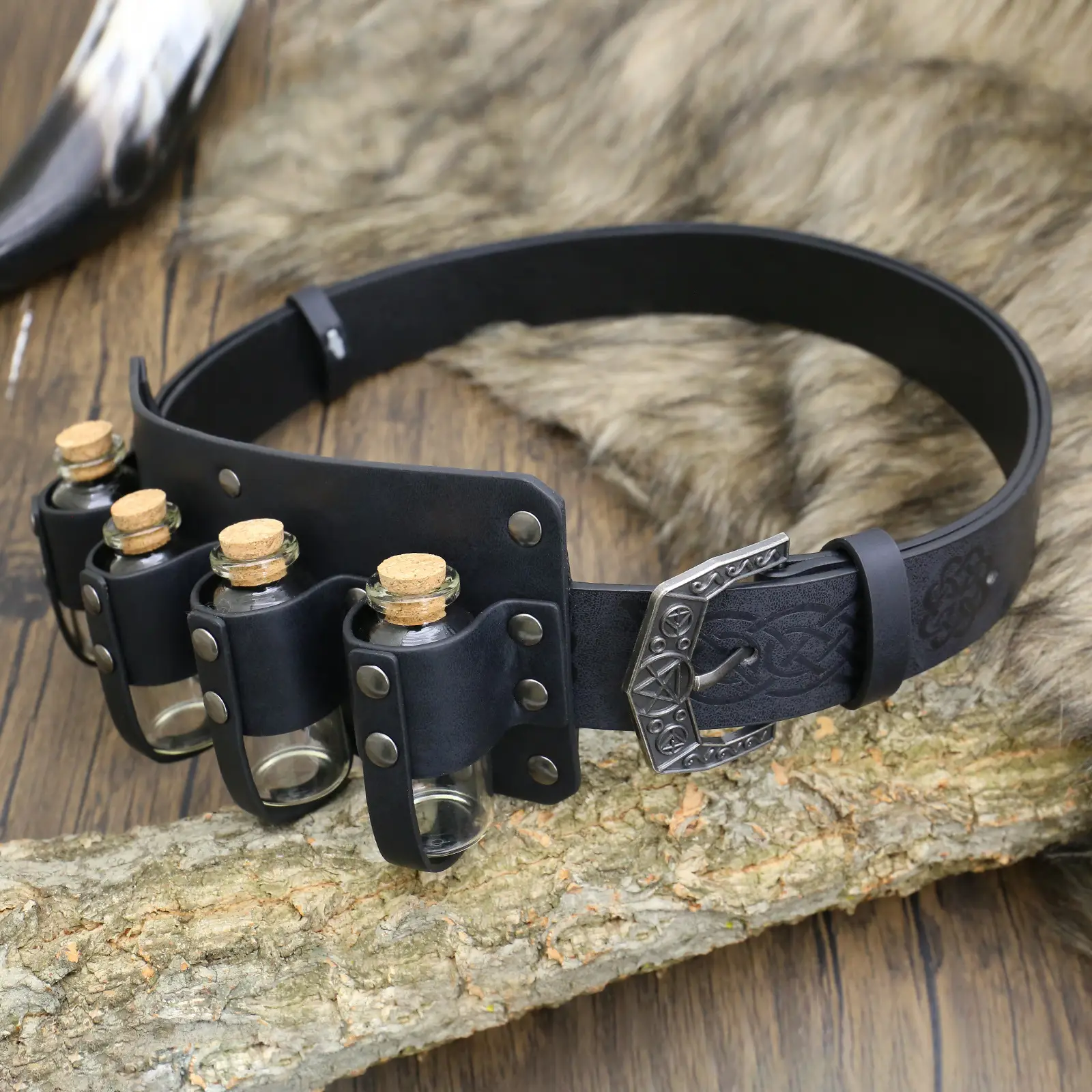 Viking Medieval Leather Belt with Four Bottle Design - Image 4