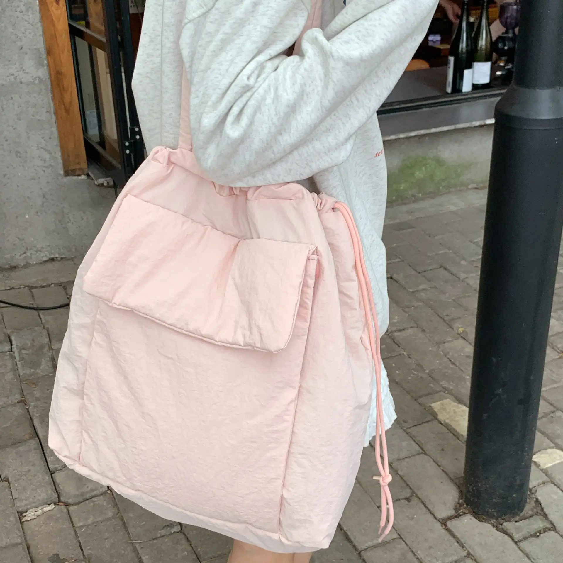 Light Blue Drawstring Tote Bag for Students - Image 6