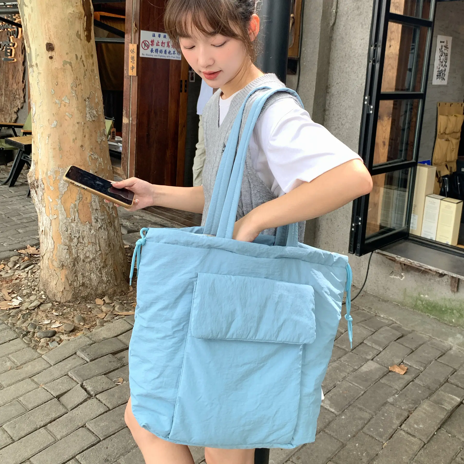 Light Blue Drawstring Tote Bag for Students - Image 7