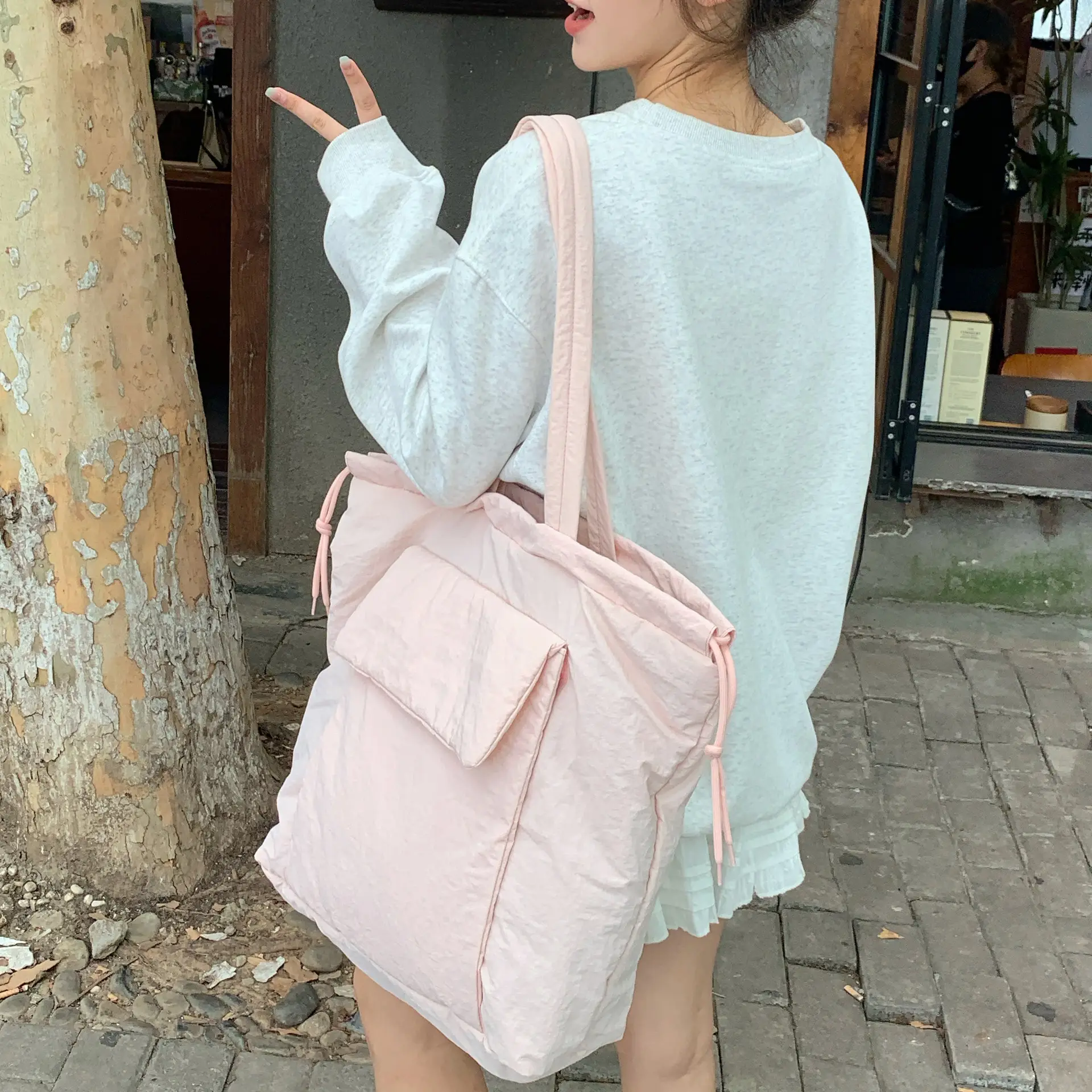 Light Blue Drawstring Tote Bag for Students - Image 8