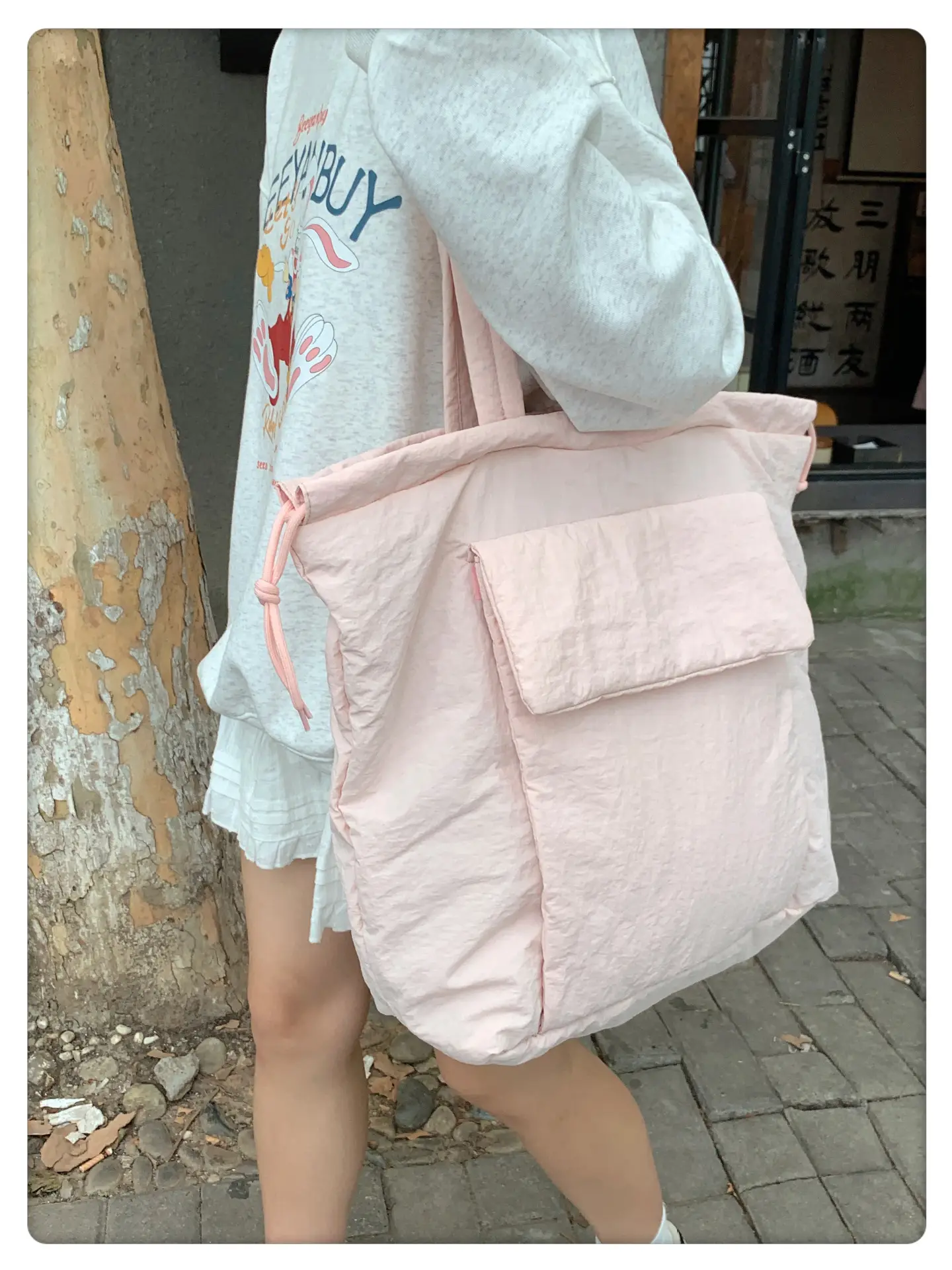 Light Blue Drawstring Tote Bag for Students — feature 15
