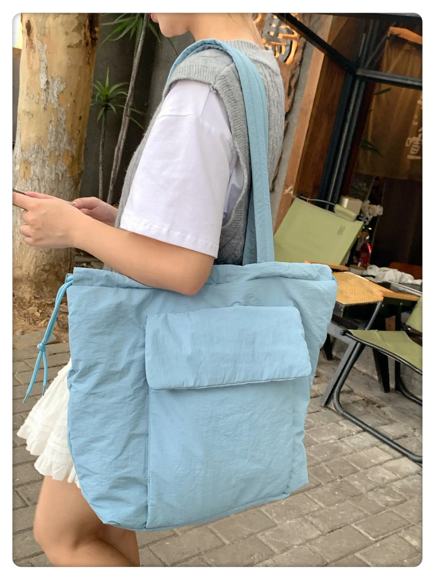 Light Blue Drawstring Tote Bag for Students — feature 18