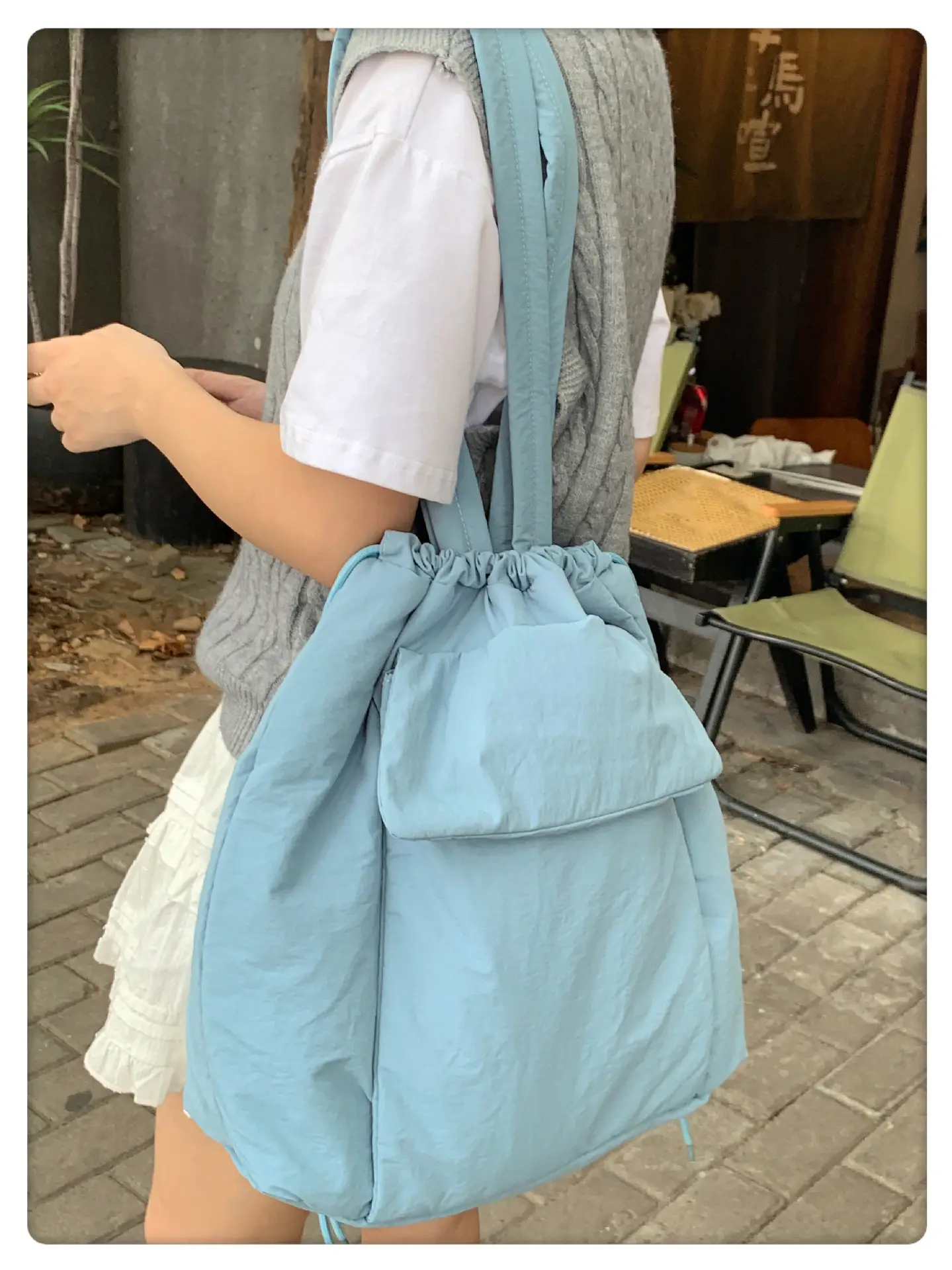 Light Blue Drawstring Tote Bag for Students — feature 19