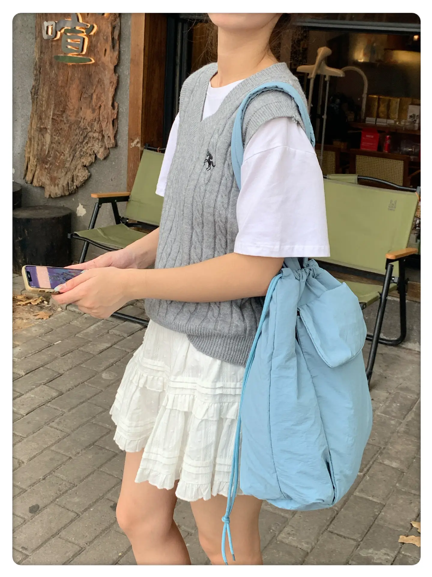 Light Blue Drawstring Tote Bag for Students — feature 20