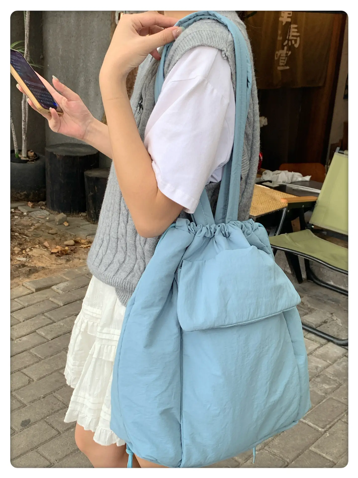 Light Blue Drawstring Tote Bag for Students — feature 21