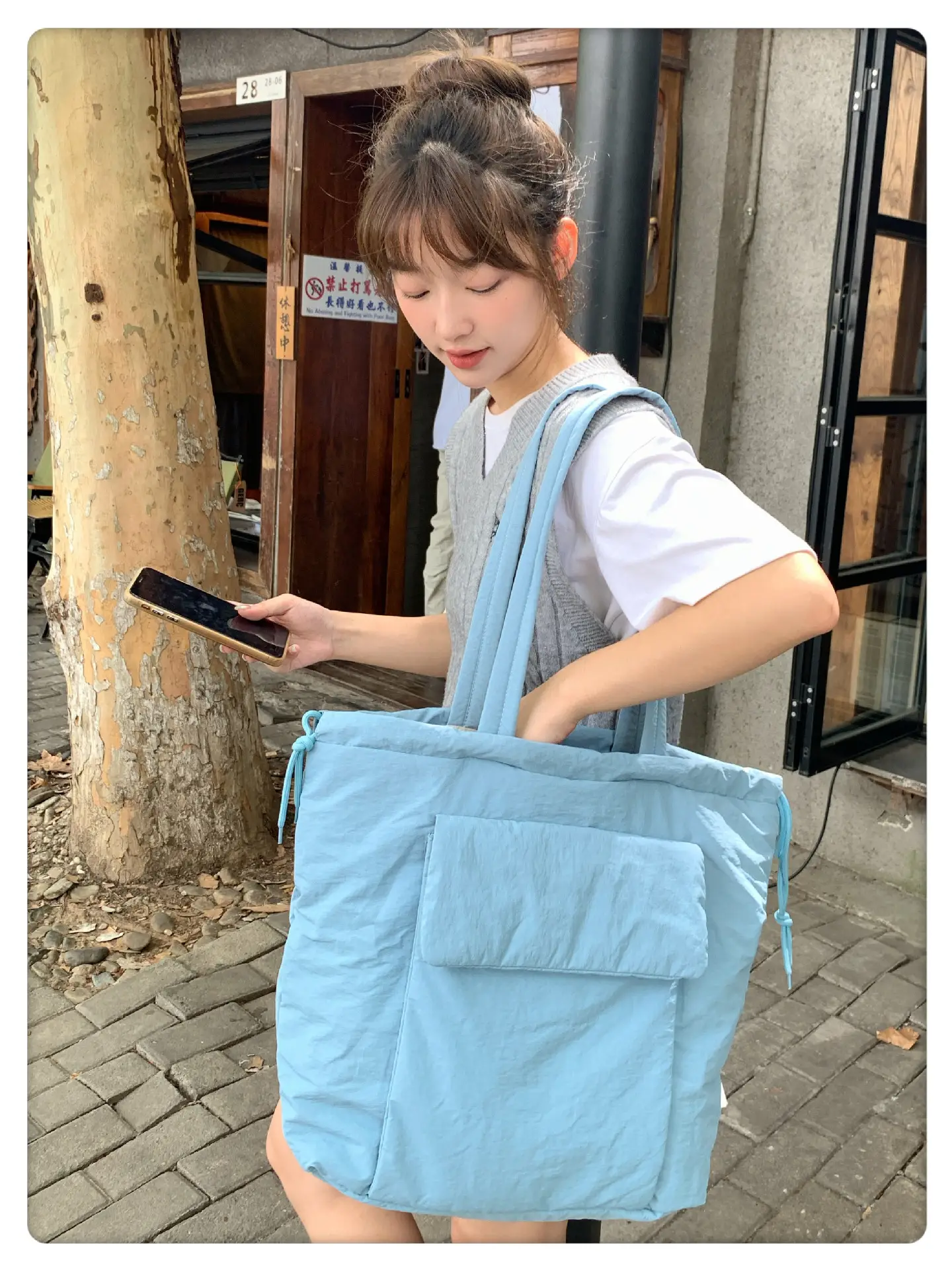 Light Blue Drawstring Tote Bag for Students — feature 27