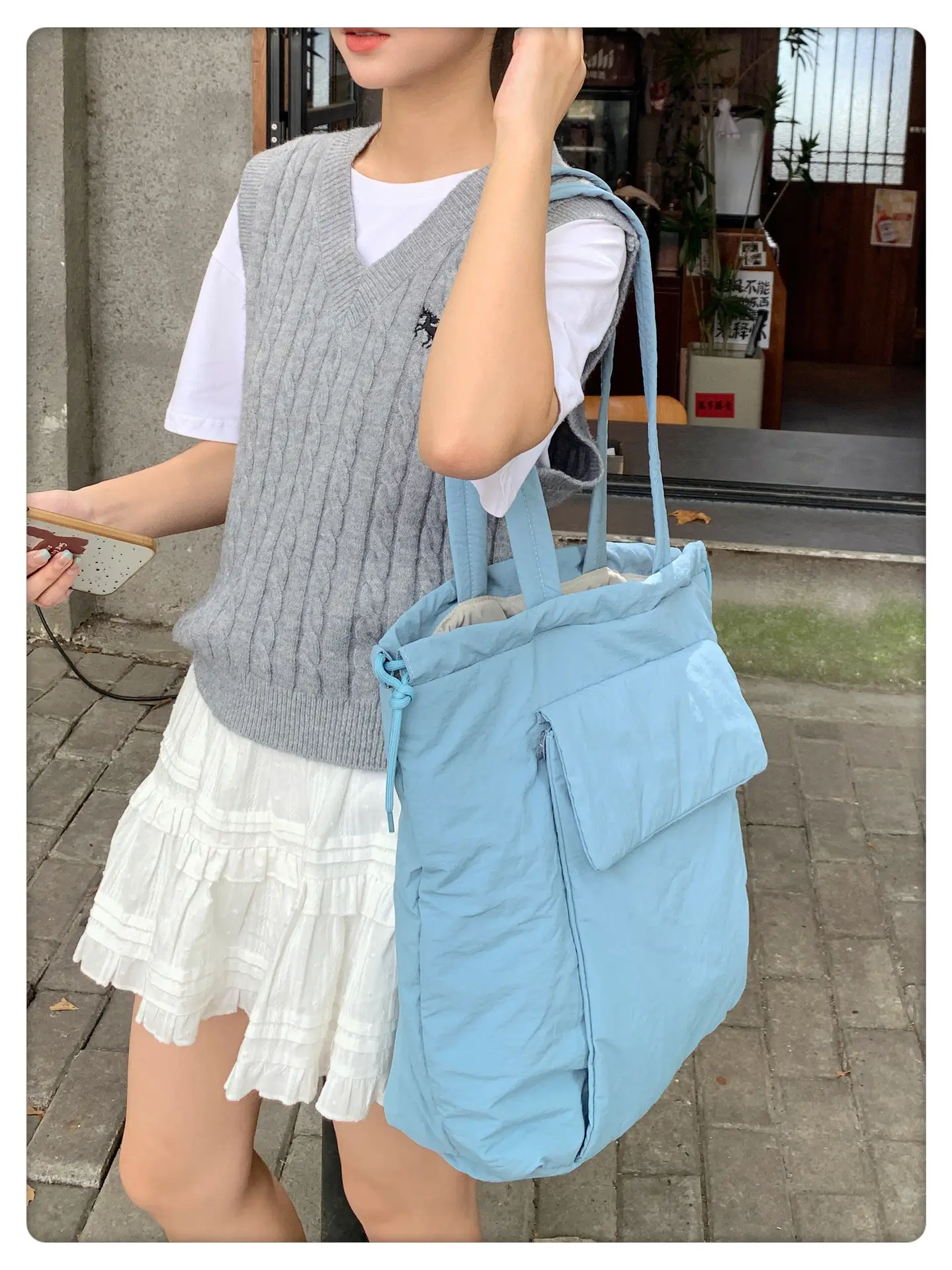 Light Blue Drawstring Tote Bag for Students — feature 28