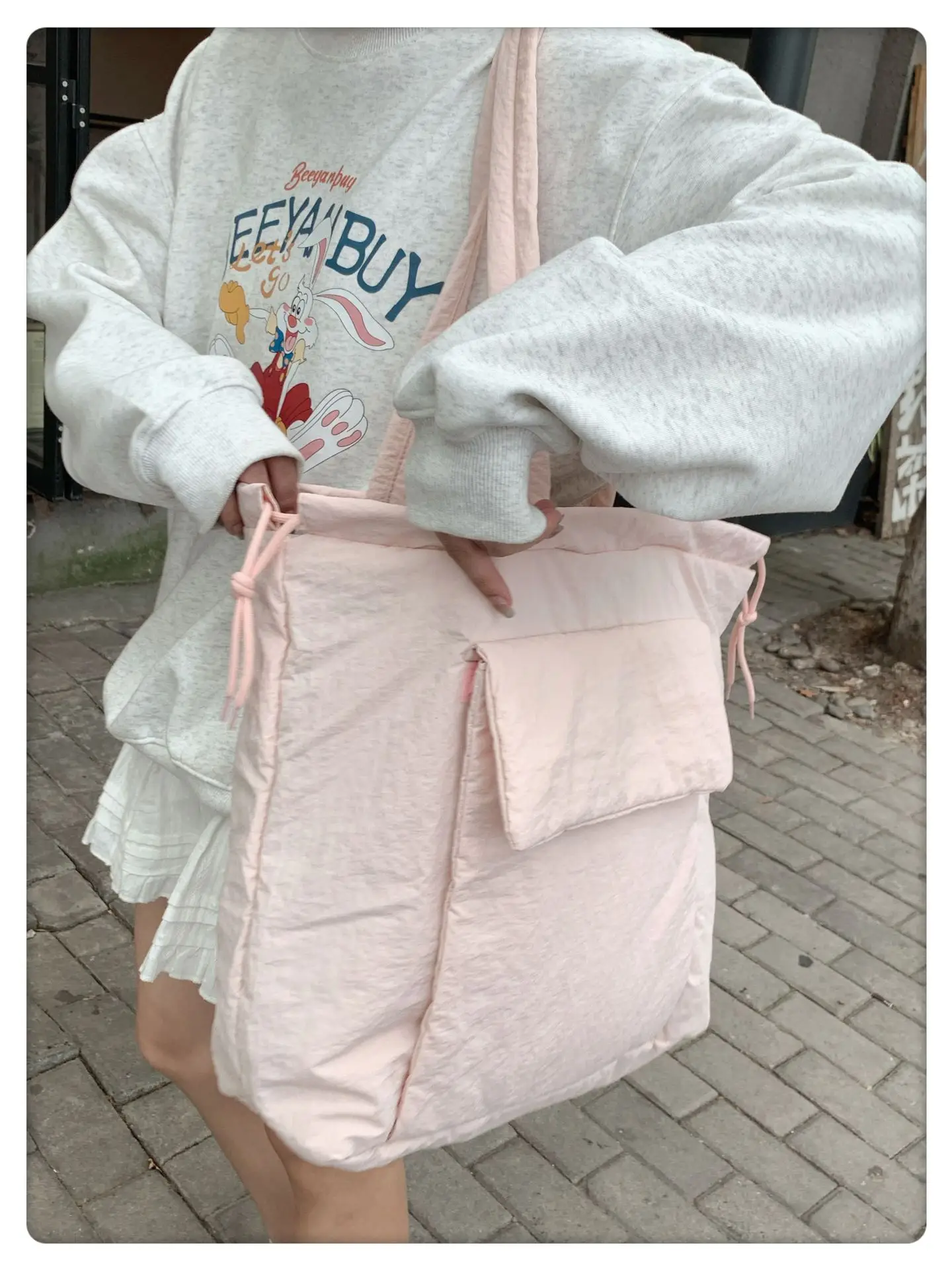 Light Blue Drawstring Tote Bag for Students — feature 31