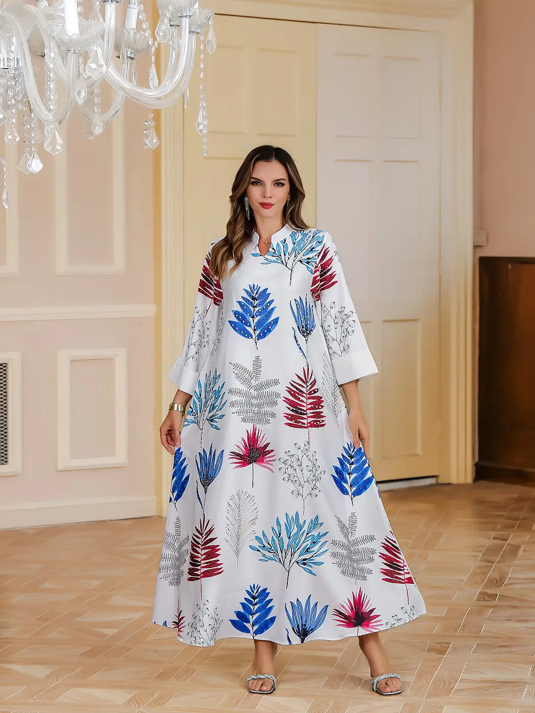 Hot-Selling Foreign Trade Fashion Dress in Stock, Rhinestone Printed Long Dress, Wholesale Foreign Trade Long Dress with Large Hem