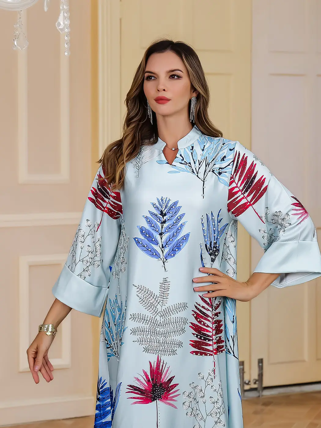 Hot-Selling Foreign Trade Fashion Dress in Stock, Rhinestone Printed Long Dress, Wholesale Foreign Trade Long Dress with Large Hem