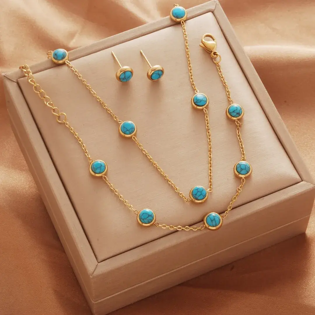 Titanium Blue Turquoise Earrings Necklace Bracelet Set