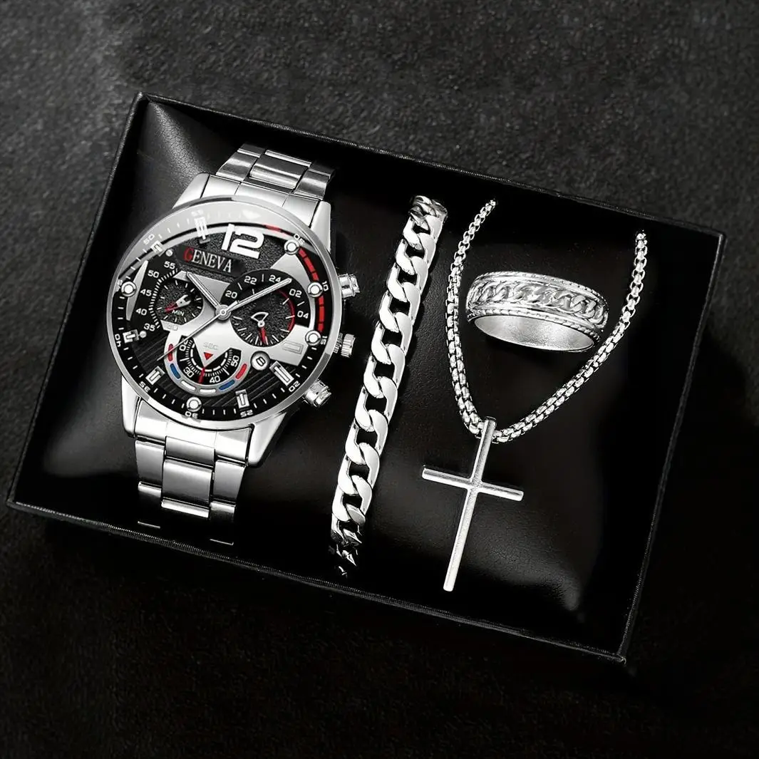Men's Geneva Quartz Watch with Cross Necklace Set - Image 11