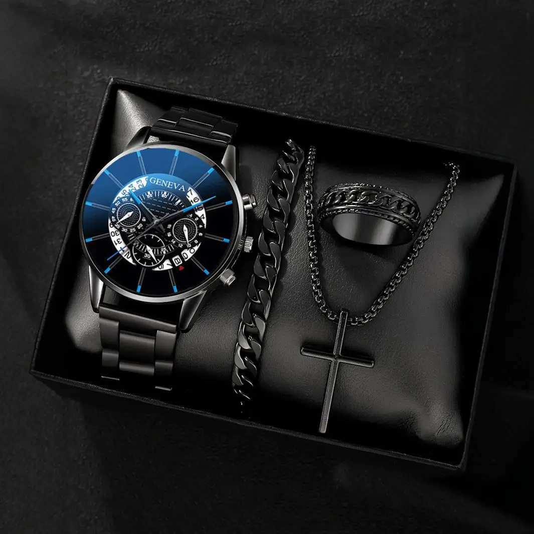 Men's Geneva Quartz Watch with Cross Necklace Set - Image 12