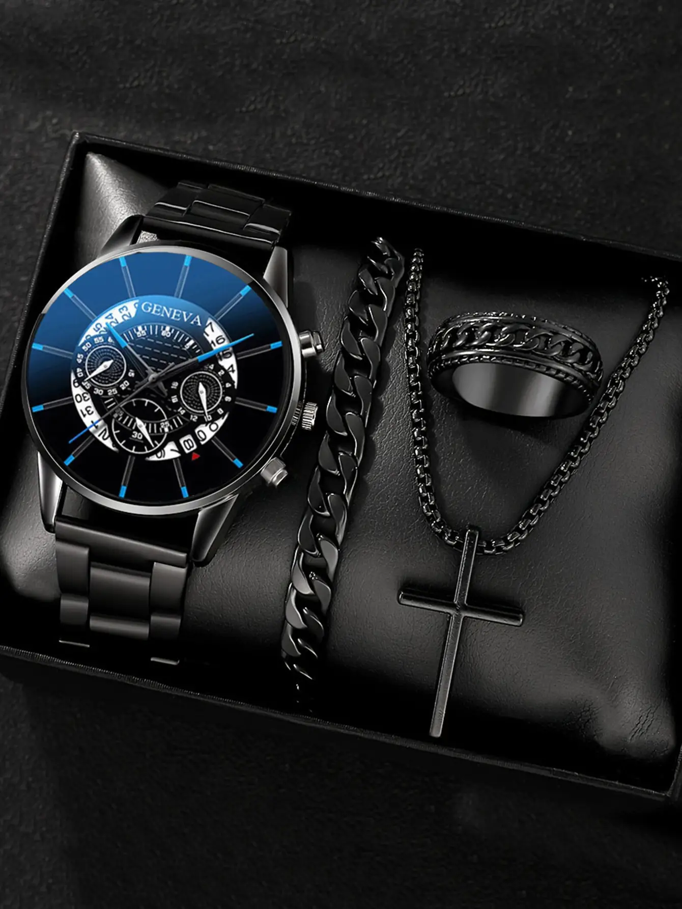 Men's Geneva Quartz Watch with Cross Necklace Set - Image 2