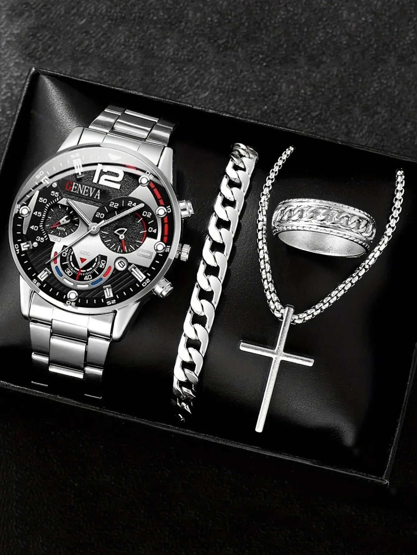 Men's Geneva Quartz Watch with Cross Necklace Set - Image 3