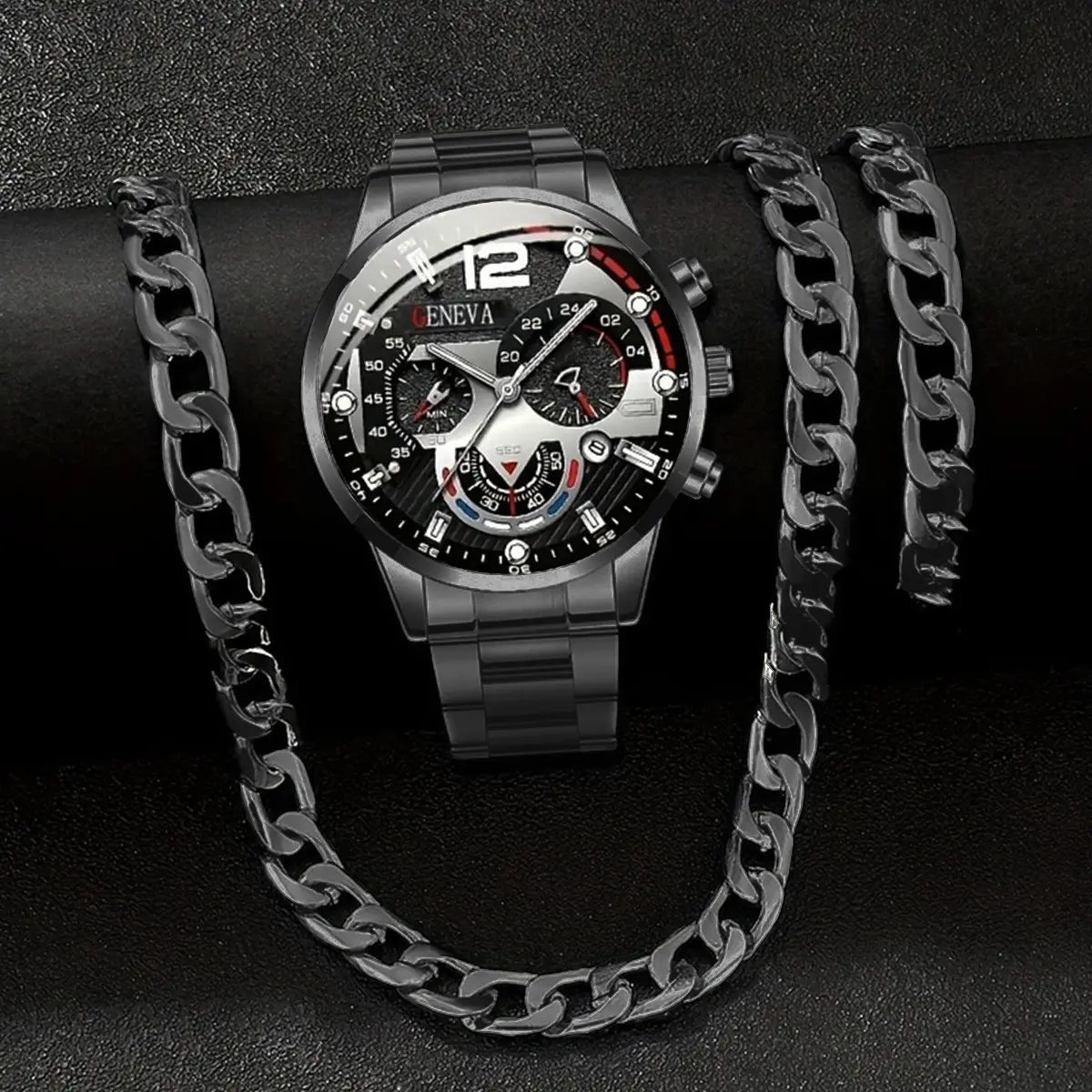 Men's Geneva Quartz Watch with Cross Necklace Set - Image 5