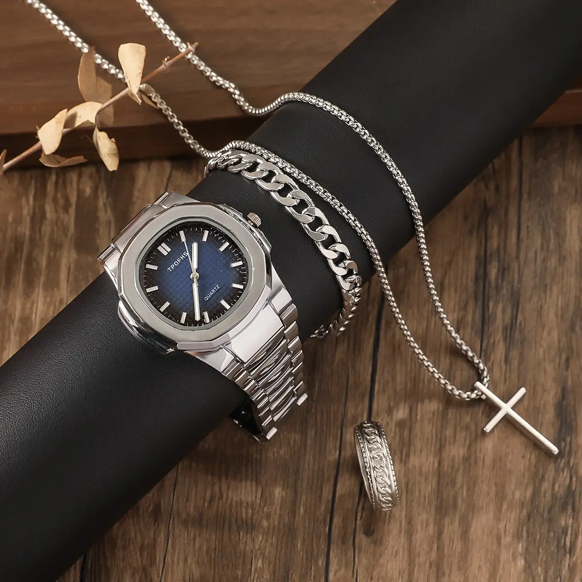 Men's Geneva Quartz Watch with Cross Necklace Set - Image 8