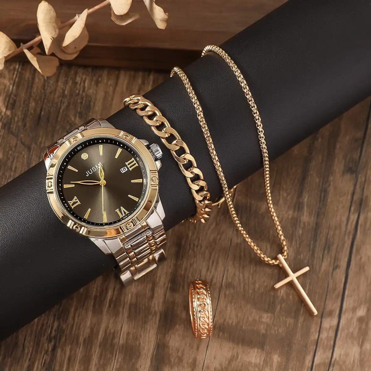 Men's Geneva Quartz Watch with Cross Necklace Set - Image 9
