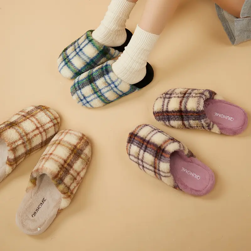 Nanbo Wan cotton slippers women's autumn and winter retro plaid home indoor warm soft bottom non-slip couple cotton slippers wholesale