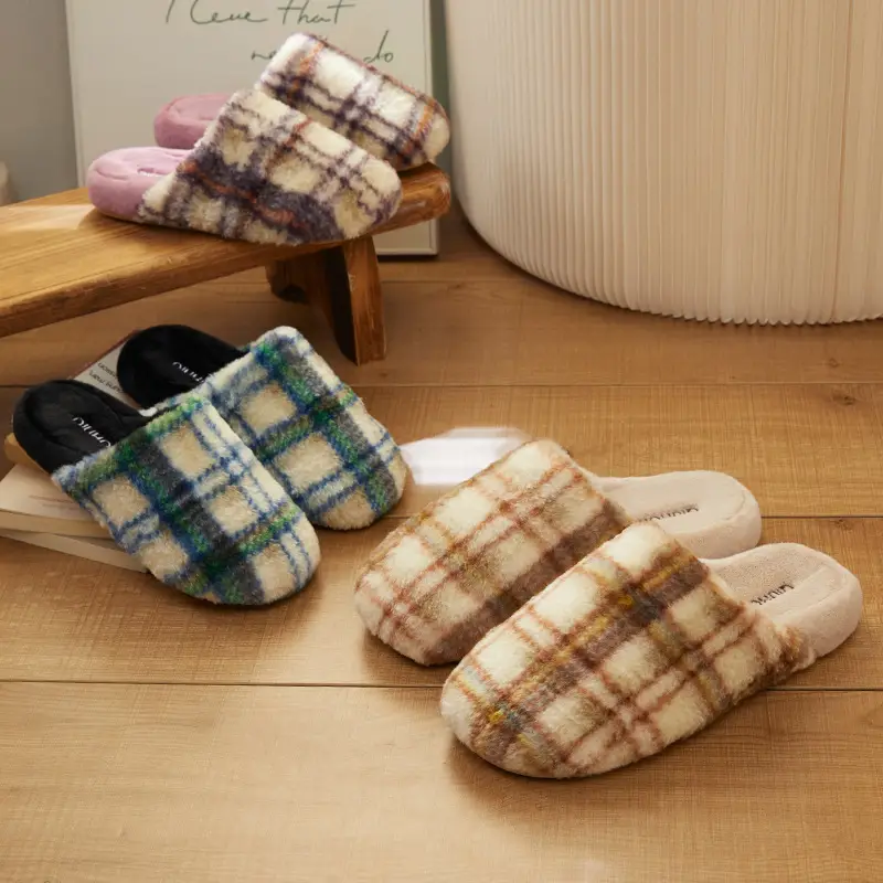 Nanbo Wan cotton slippers women's autumn and winter retro plaid home indoor warm soft bottom non-slip couple cotton slippers wholesale
