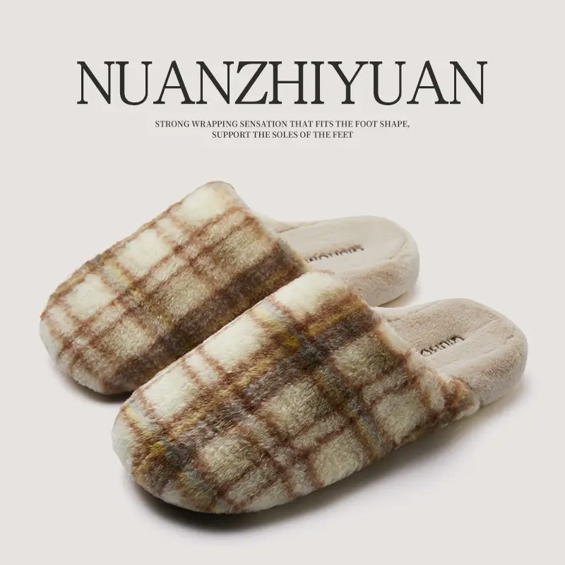 Nanbo Wan cotton slippers women's autumn and winter retro plaid home indoor warm soft bottom non-slip couple cotton slippers wholesale