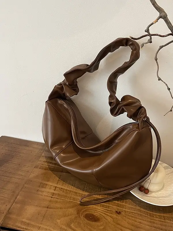 Brown Leather Crossbody Bag with Ruched Handle - Image 6