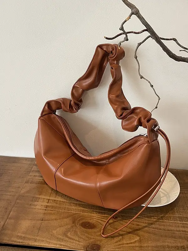 Brown Leather Crossbody Bag with Ruched Handle - Image 8