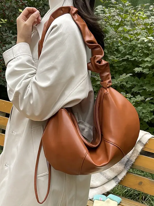 Brown Leather Crossbody Bag with Ruched Handle - Image 9