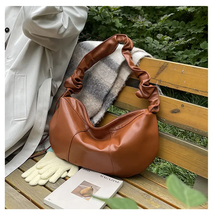 Brown Leather Crossbody Bag with Ruched Handle — feature 11