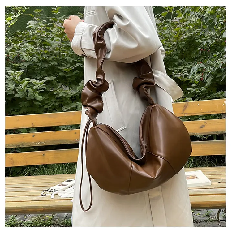 Brown Leather Crossbody Bag with Ruched Handle — feature 17