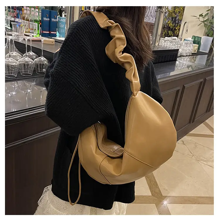 Brown Leather Crossbody Bag with Ruched Handle — feature 21