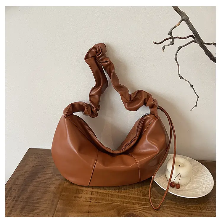 Brown Leather Crossbody Bag with Ruched Handle — feature 27