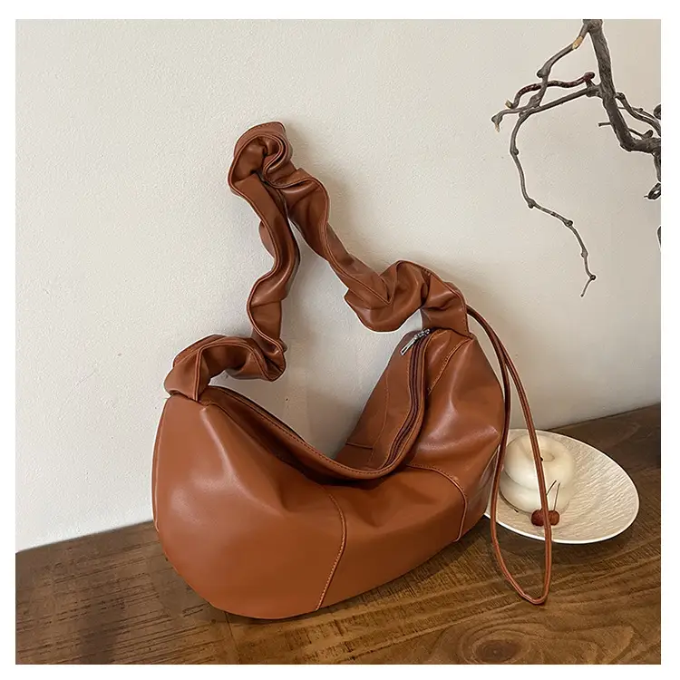 Brown Leather Crossbody Bag with Ruched Handle — feature 28