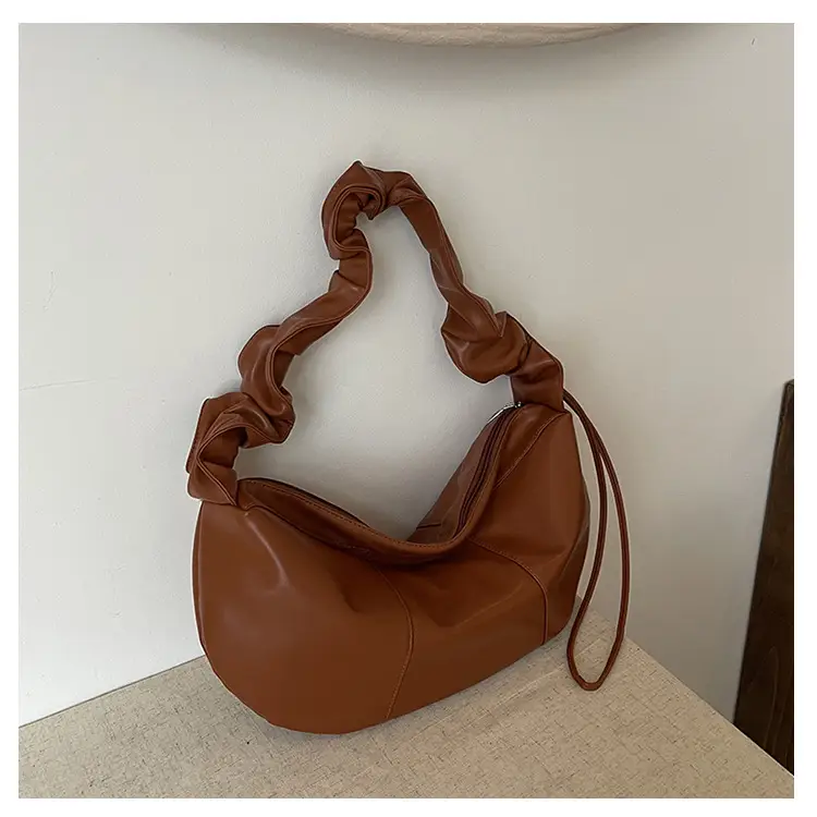 Brown Leather Crossbody Bag with Ruched Handle — feature 29