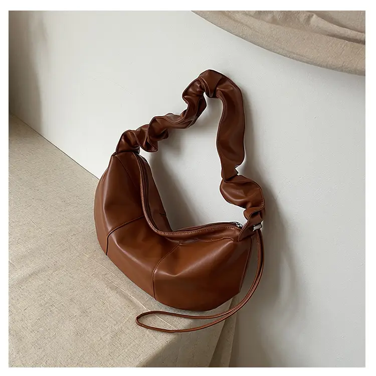Brown Leather Crossbody Bag with Ruched Handle — feature 30