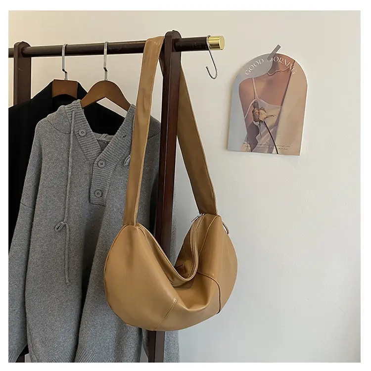Brown Leather Crossbody Bag with Ruched Handle — feature 35