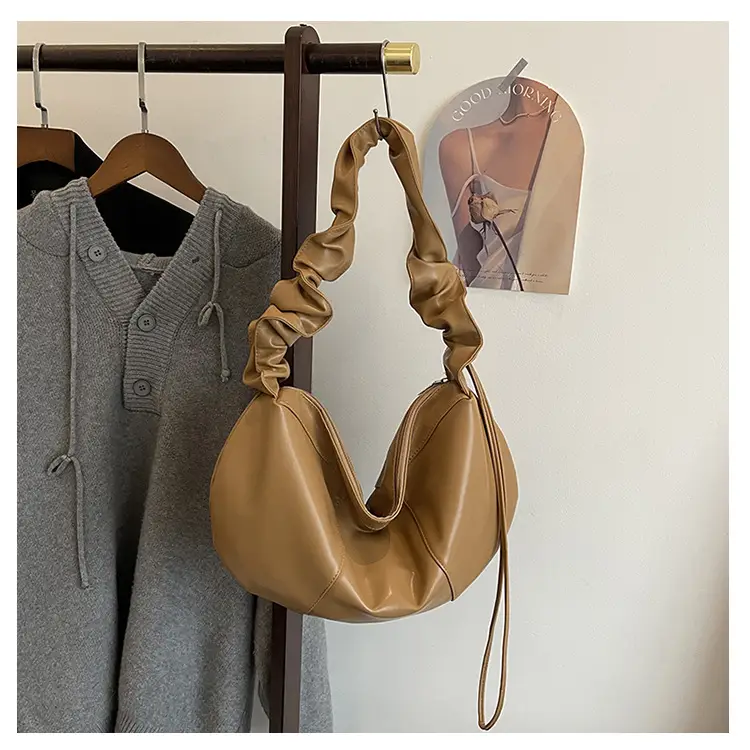 Brown Leather Crossbody Bag with Ruched Handle — feature 37