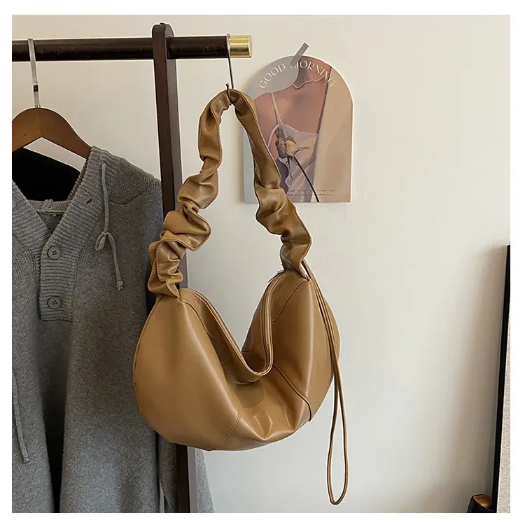 Brown Leather Crossbody Bag with Ruched Handle — feature 38