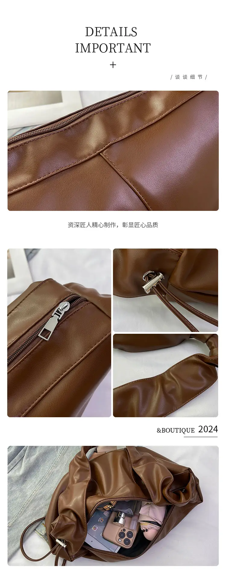 Brown Leather Crossbody Bag with Ruched Handle — feature 4