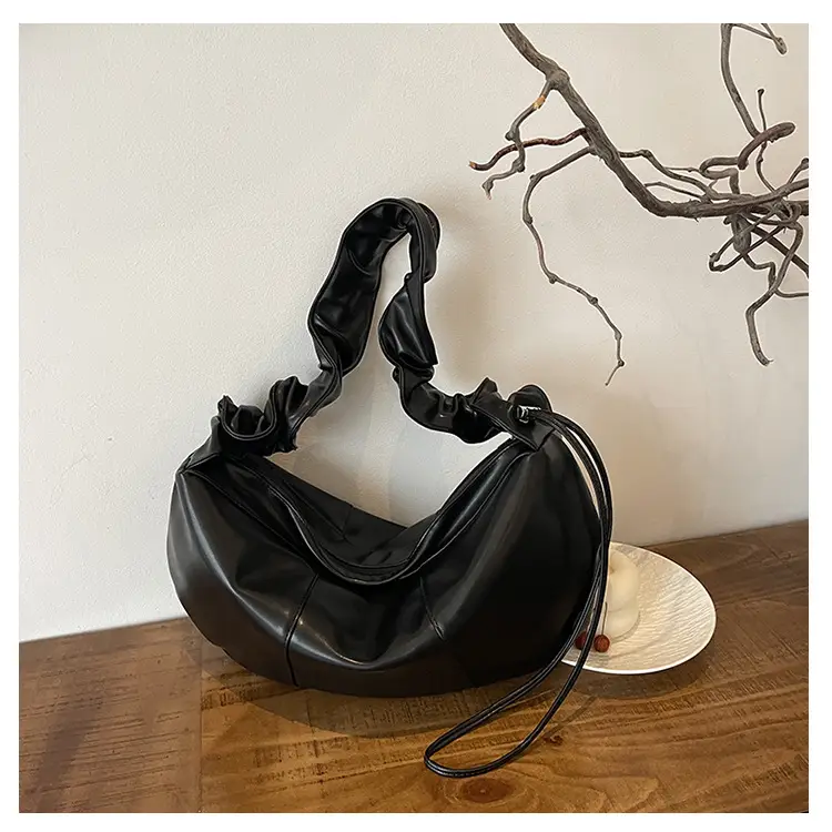 Brown Leather Crossbody Bag with Ruched Handle — feature 41