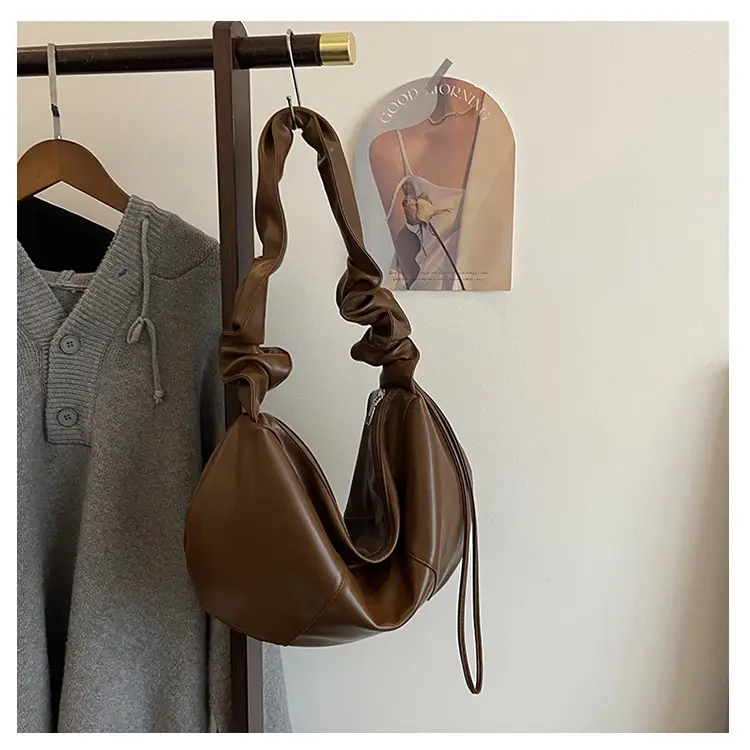 Brown Leather Crossbody Bag with Ruched Handle — feature 43