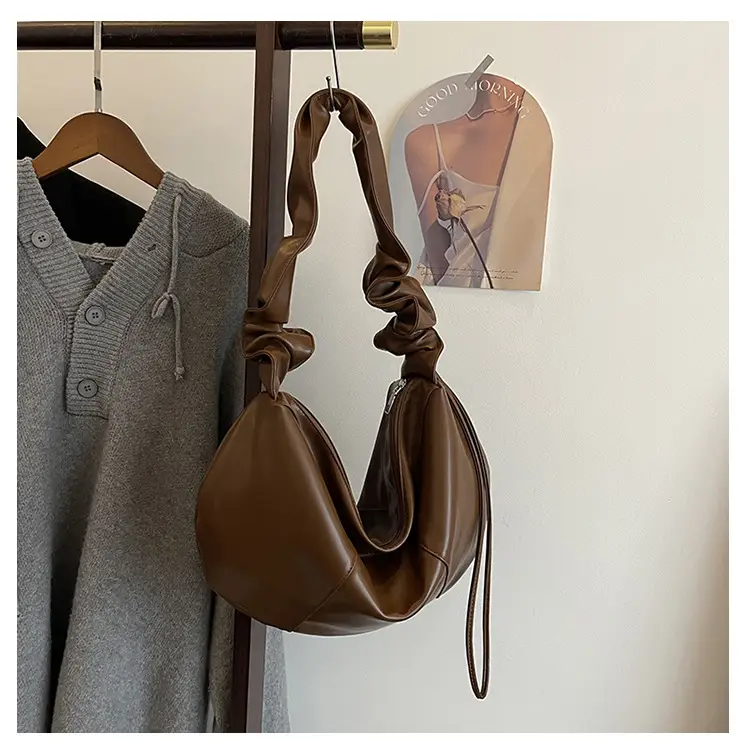 Brown Leather Crossbody Bag with Ruched Handle — feature 44