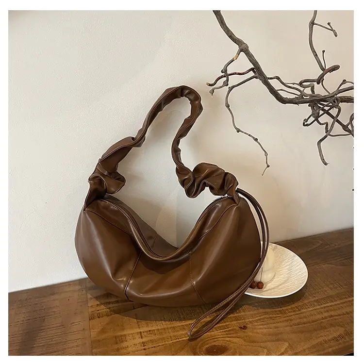 Brown Leather Crossbody Bag with Ruched Handle — feature 45