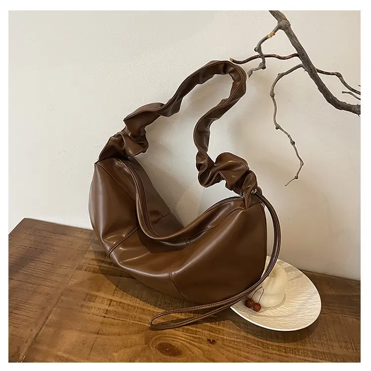 Brown Leather Crossbody Bag with Ruched Handle — feature 46