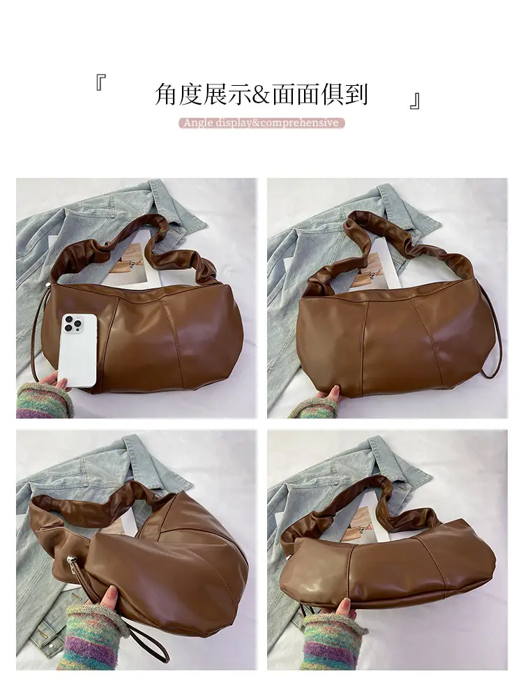 Brown Leather Crossbody Bag with Ruched Handle — feature 6
