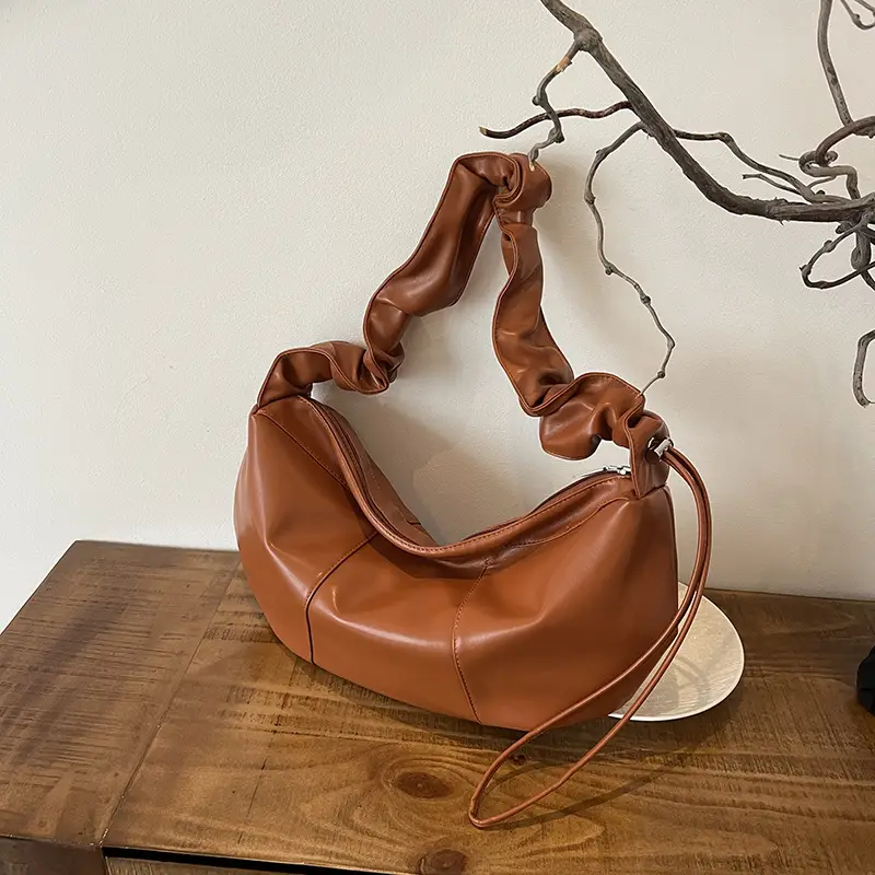 Brown Leather Crossbody Bag with Ruched Handle - Image 2