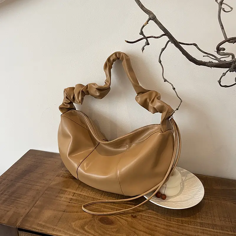 Brown Leather Crossbody Bag with Ruched Handle - Image 3